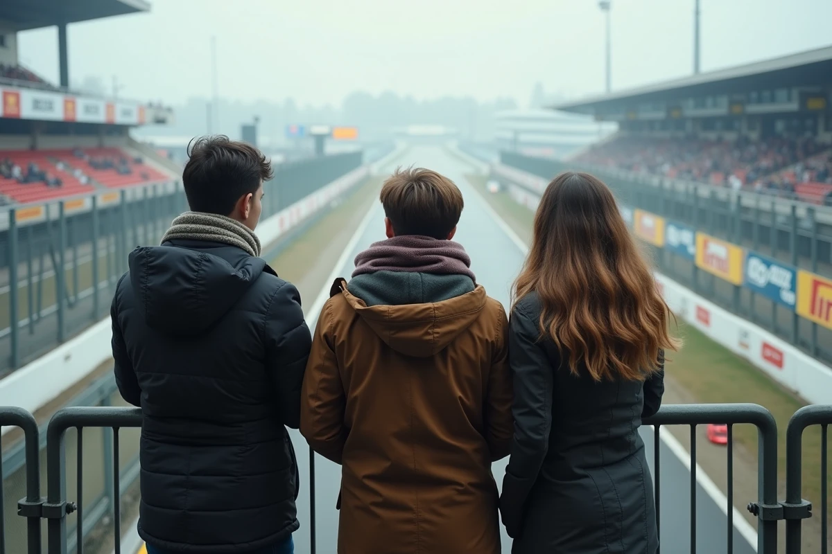Groupe d'amis passionnés dans les tribunes d'un circuit automobile lors d'une course du week-end