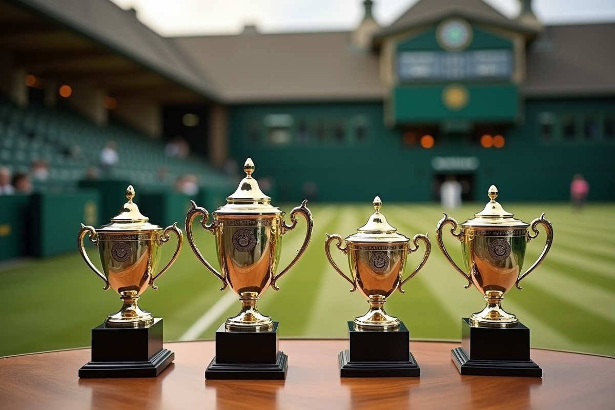 Plusieurs trophées de Wimbledon alignes sur une table en bois poli