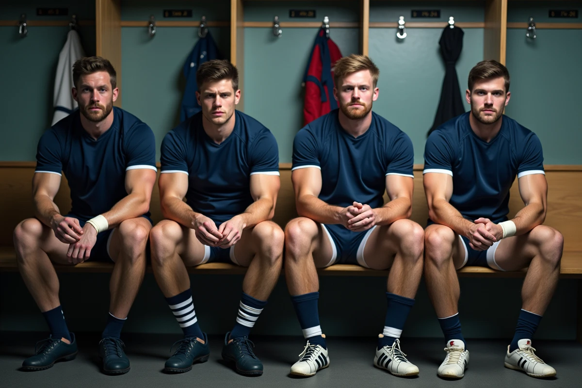 Vestiaire d'un club de rugby promu en Nationale 2 avec joueurs se préparant avant un match