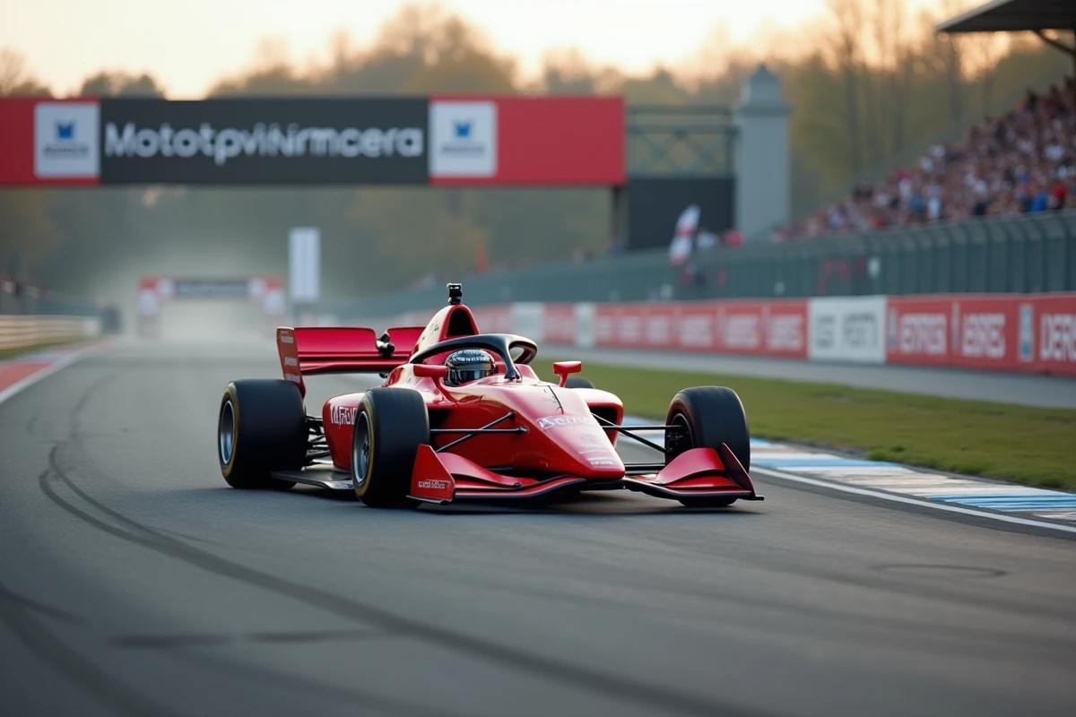 Voiture de course rouge en pleine action sur un circuit automobile lors d'un événement du week-end