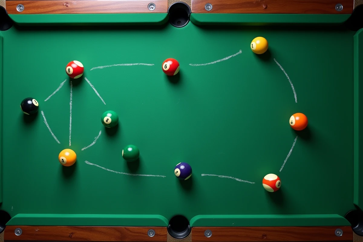 Vue aérienne d'une table de billard avec des repères de placement sur les bandes et des trajectoires dessinées à la craie