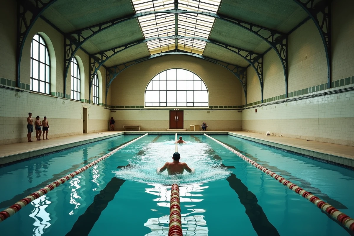 Vue intérieure de la grande piscine de la Butte-aux-Cailles avec nageurs dans les couloirs et architecture Art Déco
