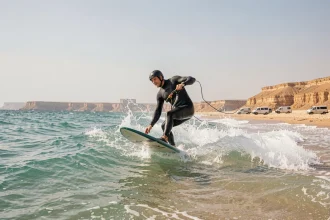 Windsurfer en combinaison néoprène se lançant dans les vagues turquoise du spot Air Egypt en Égypte